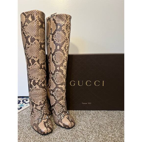 GUCCI CAMPAIGN PYTHON HORSEBIT HIGH TALL BOOTS BEIGE BROWN SZ 37.5 - Picture 1 of 14